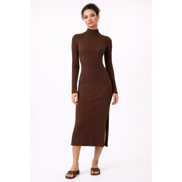 Honor The Gift Women's XS Brown Ribbed Mock Neck Midi Dress Bodycon Minimal - Picture 3 of 8